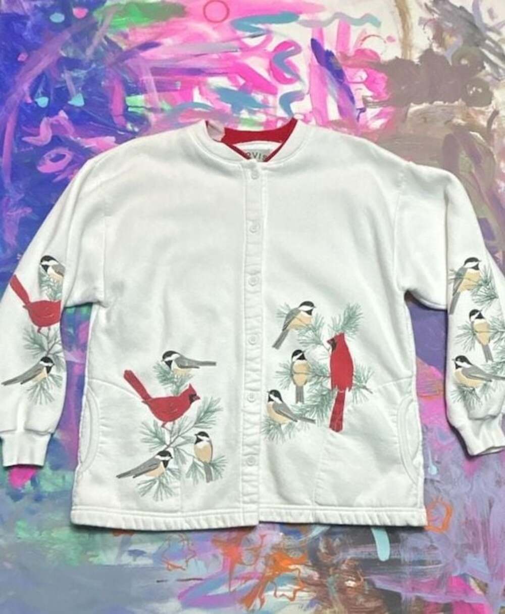 Vintage Orvis White Fleece Cardigan Sweatshirt Cardinal and Chickadee Bird Print